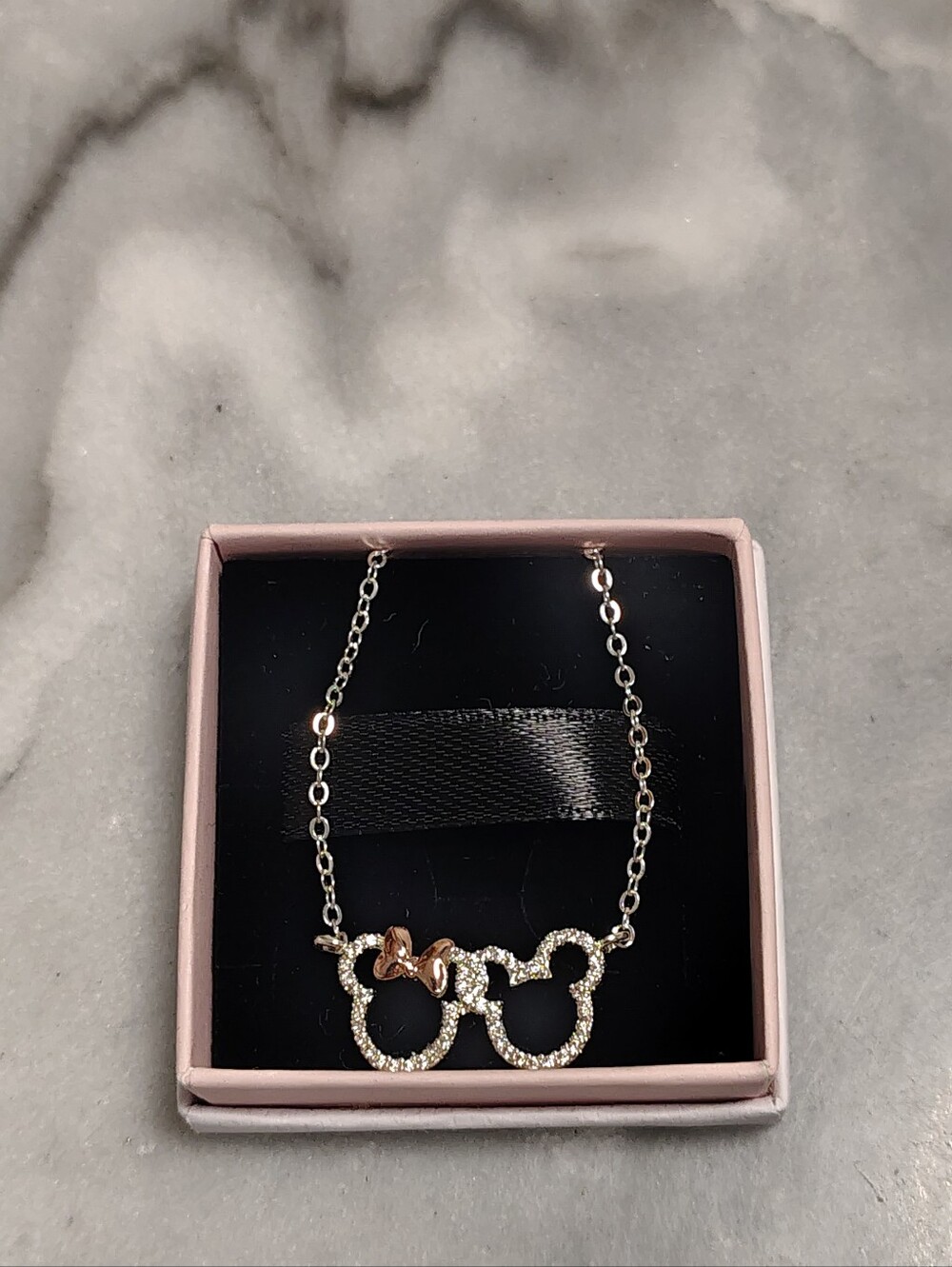 Disney Silver Crystal Mouse Outline Necklace with Pink Bow Accent